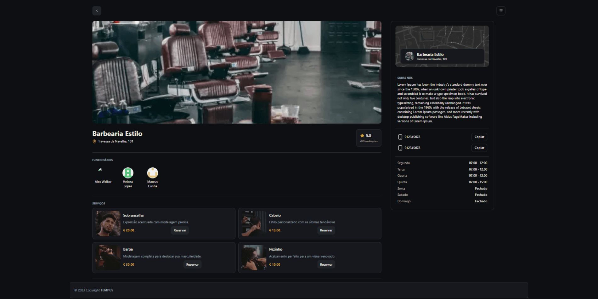 Dashboard Tempus – Sistema de Agendamento para Barbearias